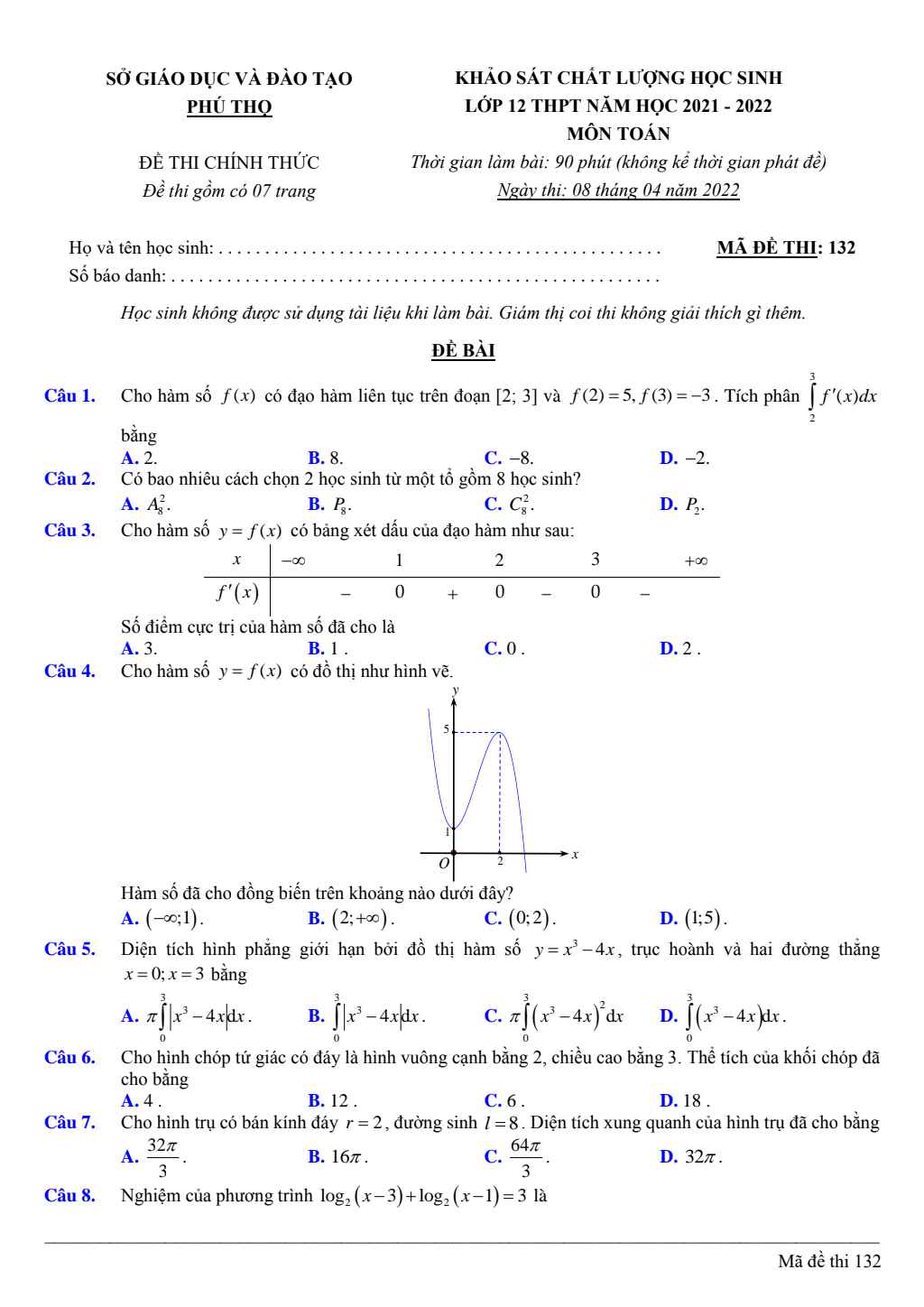 Đề khảo sát chất lượng Toán 12 THPT năm 2021 – 2022 sở GD&ĐT Phú Thọ